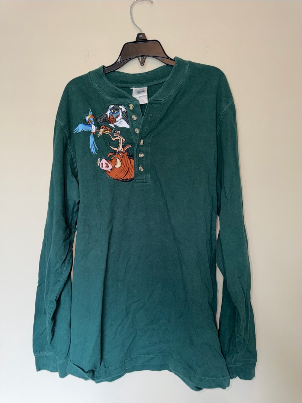 Green Men’s Long-Sleeve Lion King Shirt with Character Embroidery